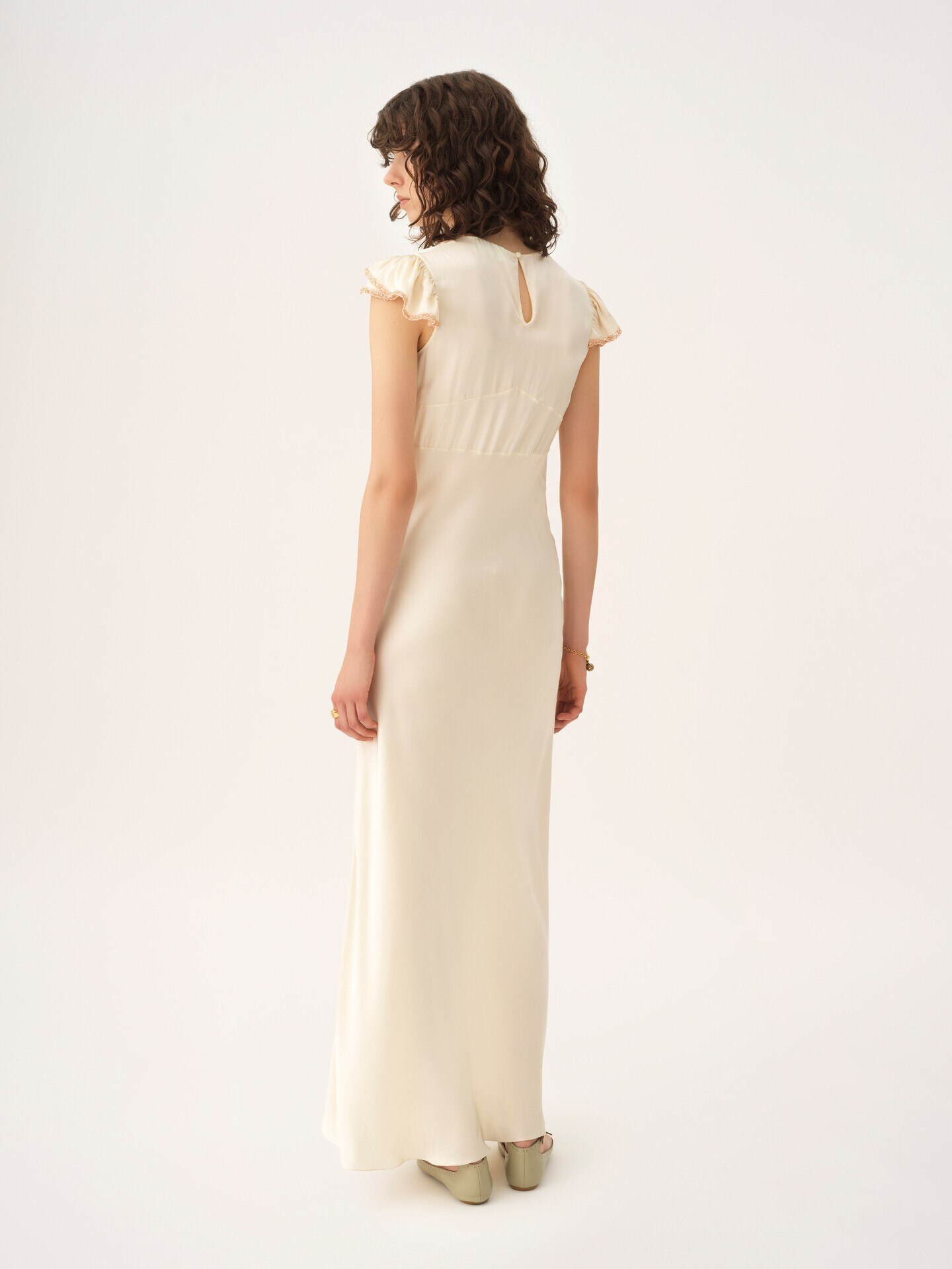 Cap-sleeve column dress in washed silk satin & lace - 6