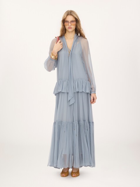 Fluid lavalli&egrave;re long dress in silk mousseline