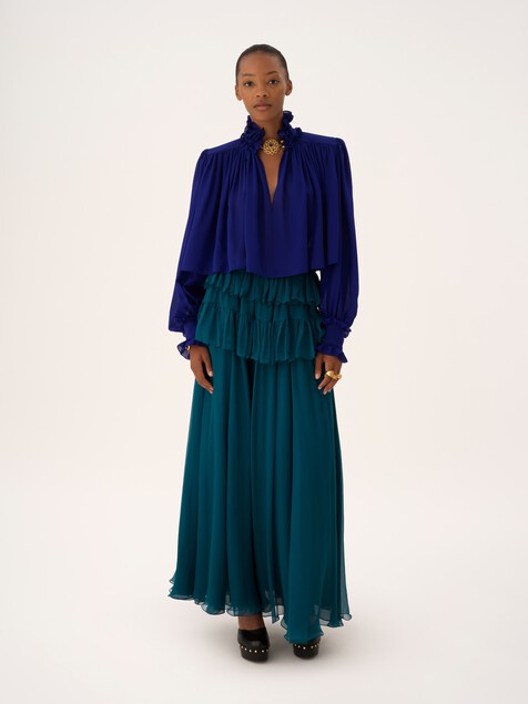 Maxi gathered high-neck top in silk georgette
