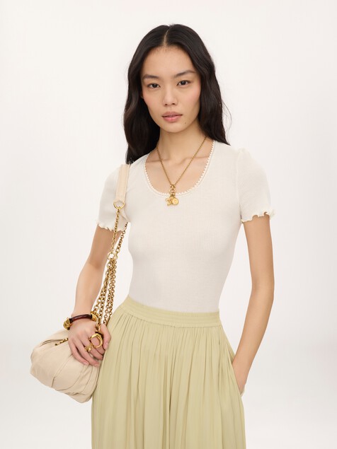 Scoop-neck fitted T-shirt in cotton & silk jersey