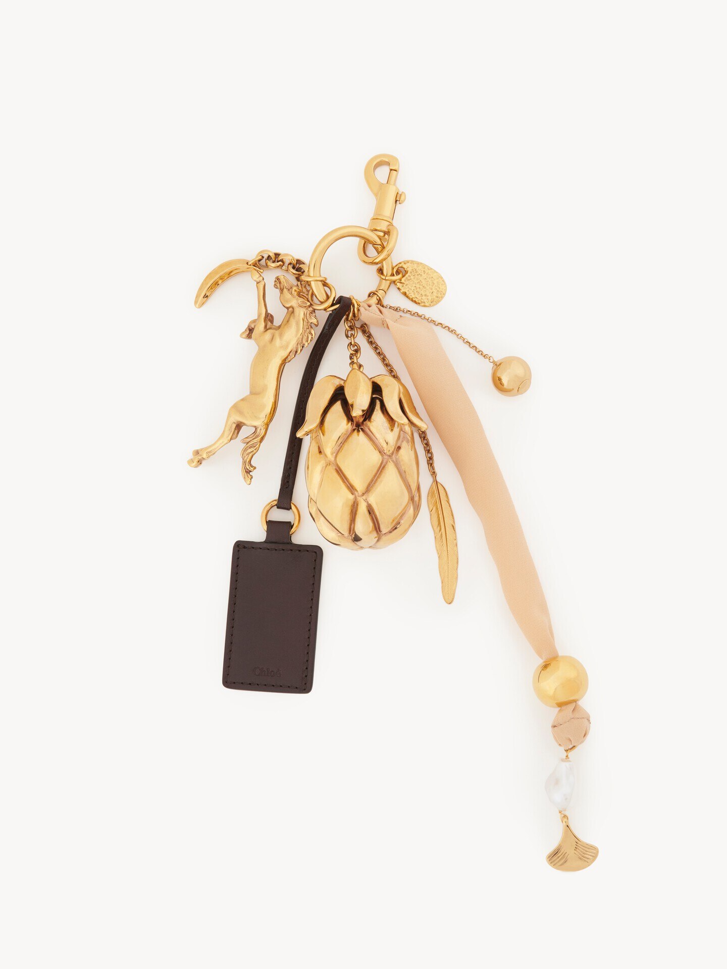 Giga pineapple bag charm in brass, leather & fabric - 1