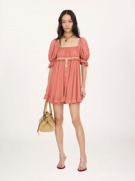 Puff-sleeve mini dress in silk georgette