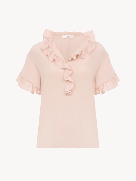 Short-sleeve ruffled top in cr&ecirc;pe de chine
