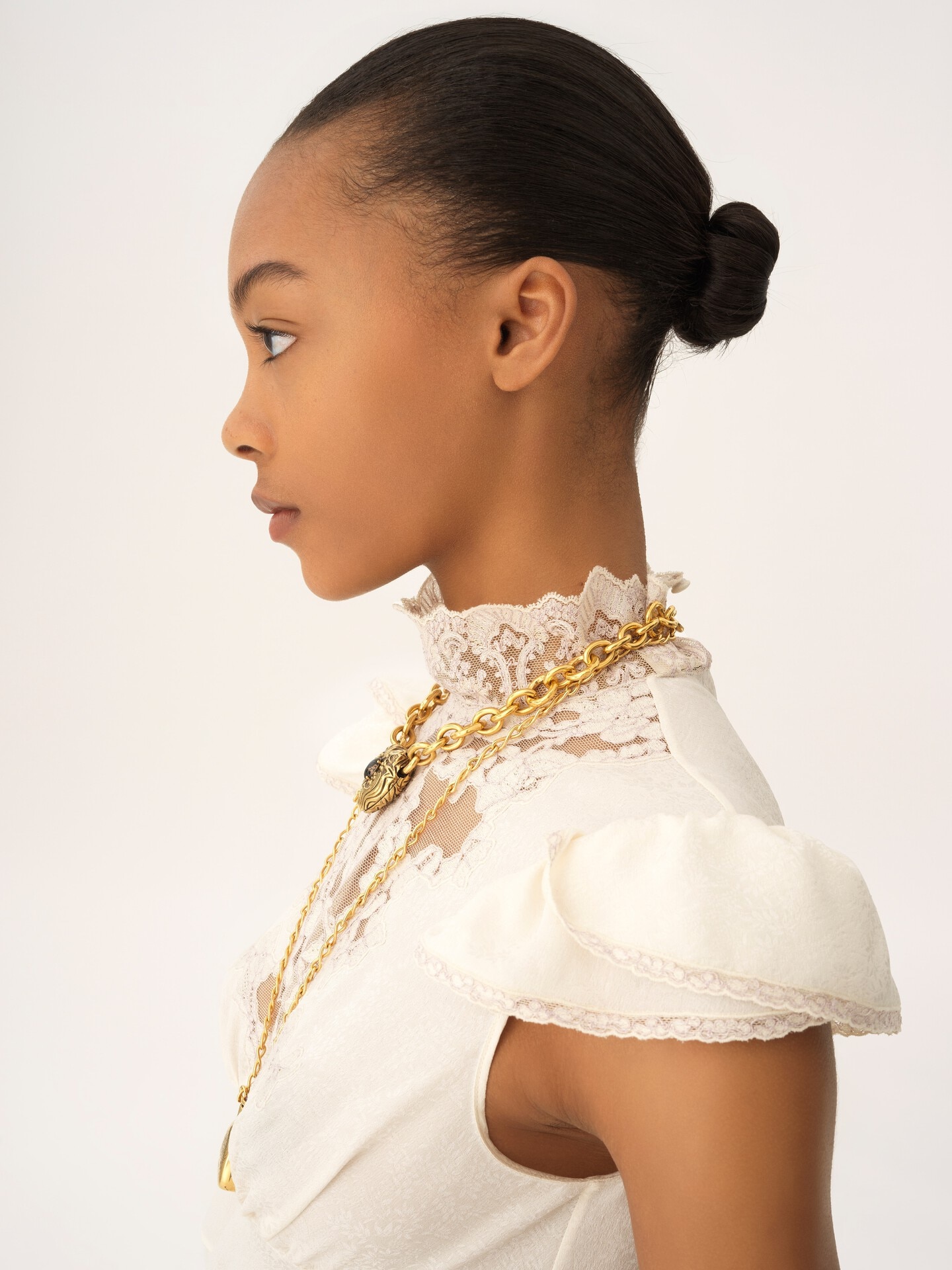 High-neck mini dress in jacquard silk & lace - 5