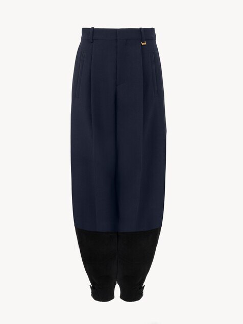 High-rise barrel pants in wool cr&ecirc;pe & suede leather