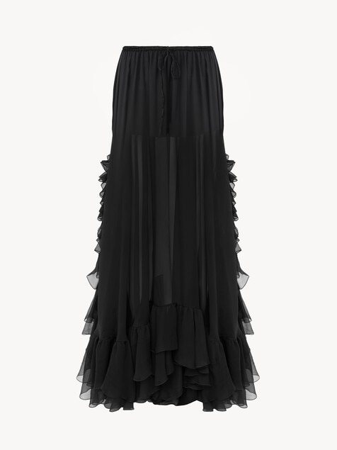 Ruffled long skirt in silk mousseline