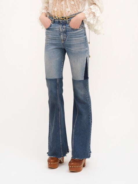 Flared patchwork jeans in denim