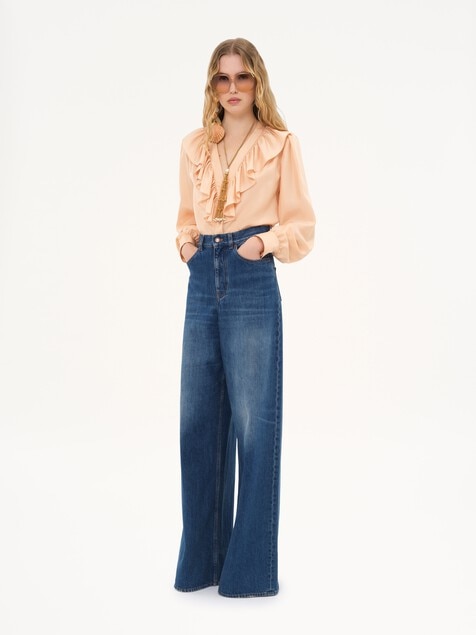 V-neck ruffled blouse in silk habotai