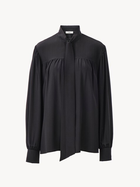 Maxi gathered lavallière blouse in crêpe de chine
