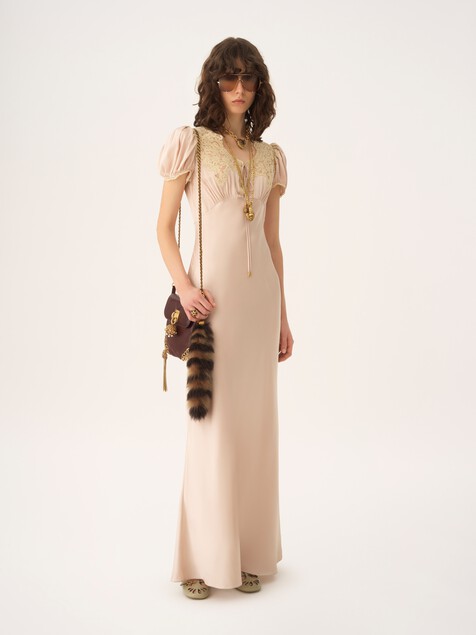 Puff-sleeve column dress in washed silk satin & lace