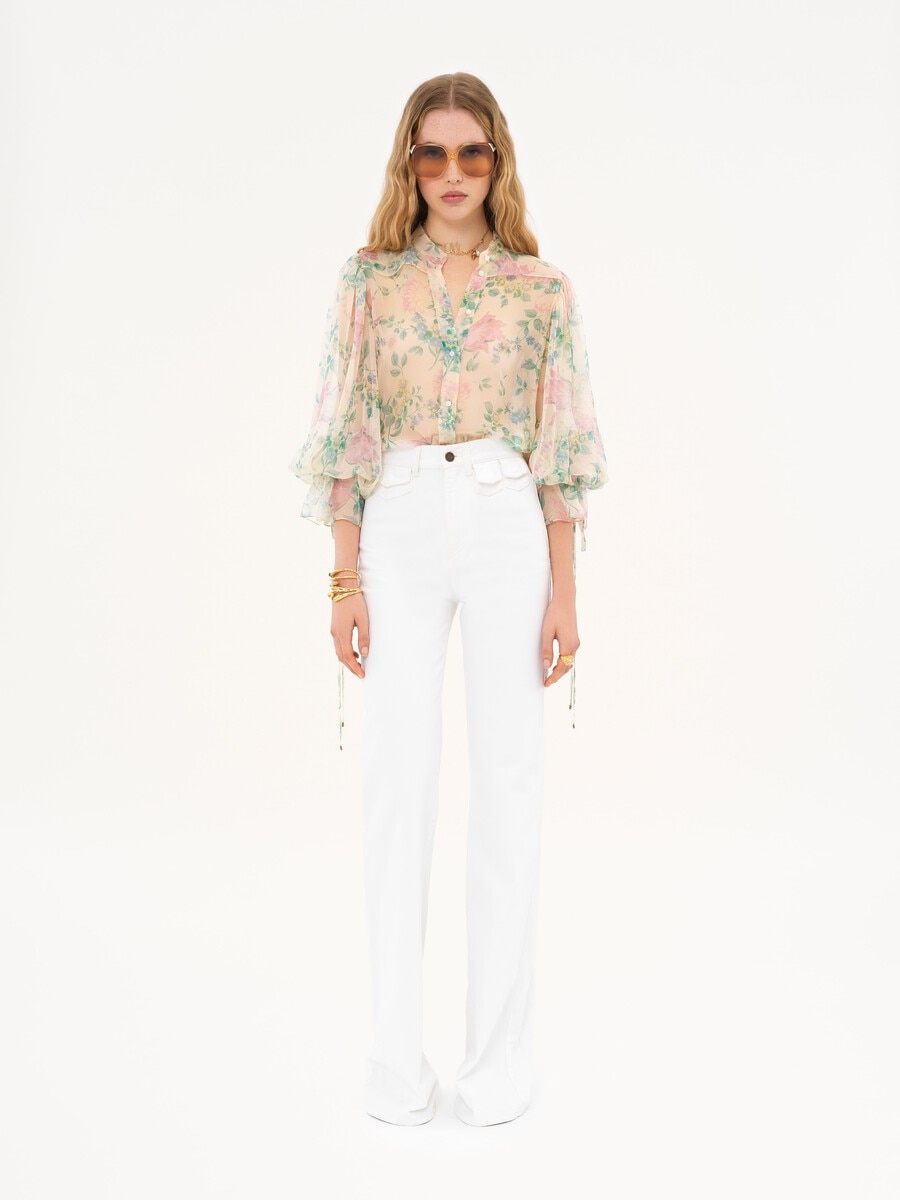 Puff-sleeve blouse in silk mousseline - 3