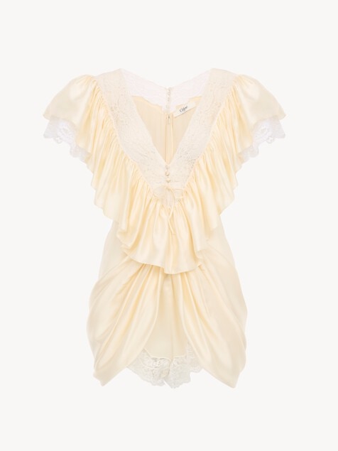 V-neck short jumpsuit in washed silk satin & lace