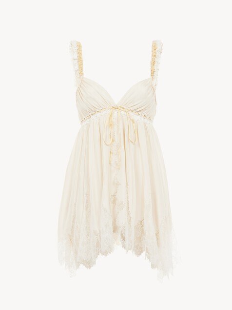 Sleeveless top in washed silk pongé & lace