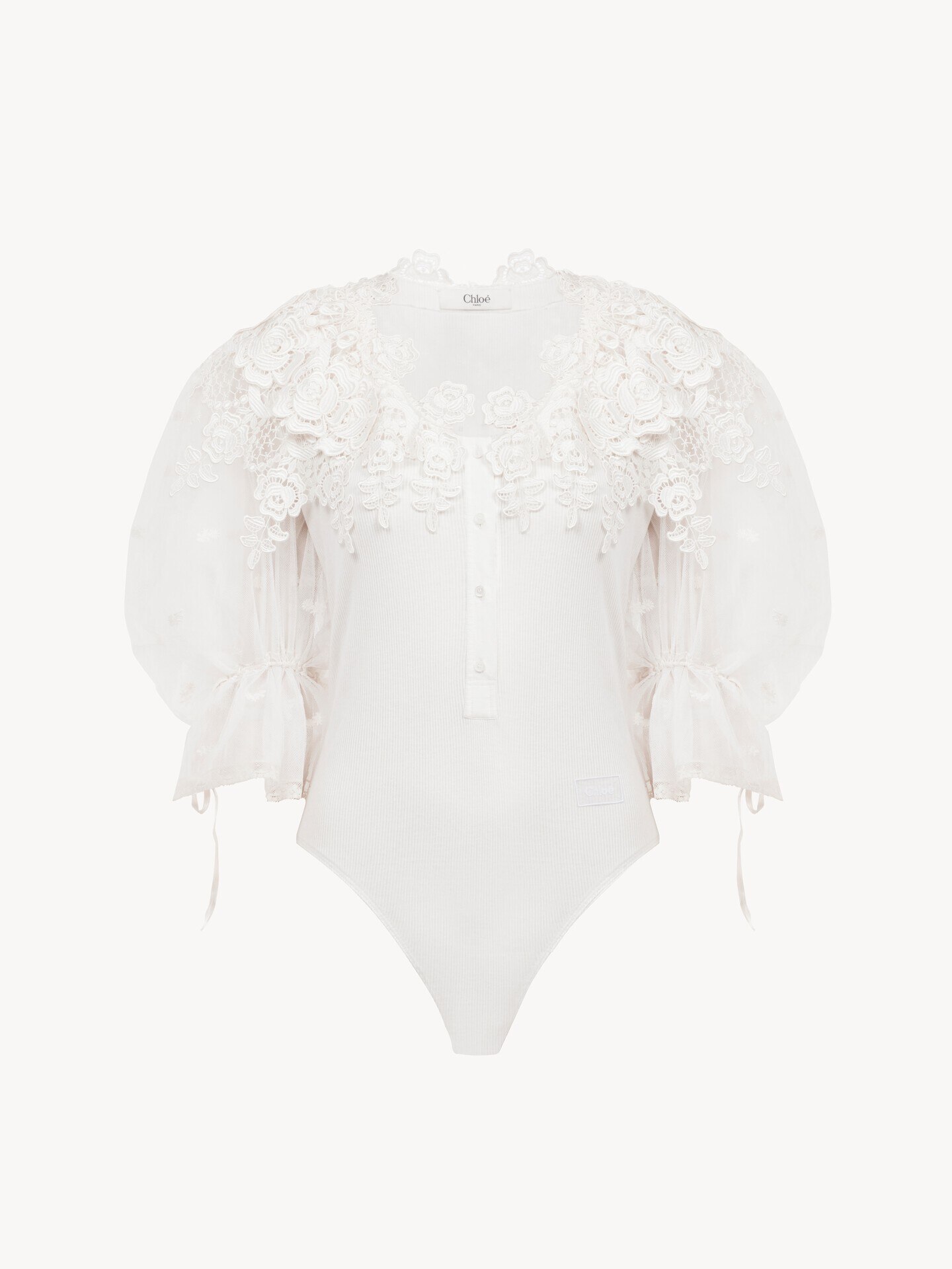 Puff-sleeve bodysuit in guipure lace cotton mix - 2