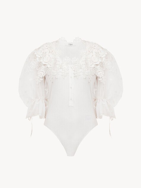 Puff-sleeve bodysuit in guipure lace cotton mix
