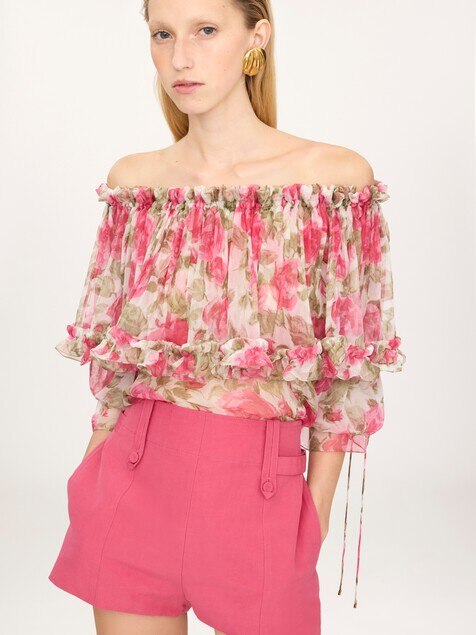 Off-the-shoulder puff-sleeve top in silk mousseline