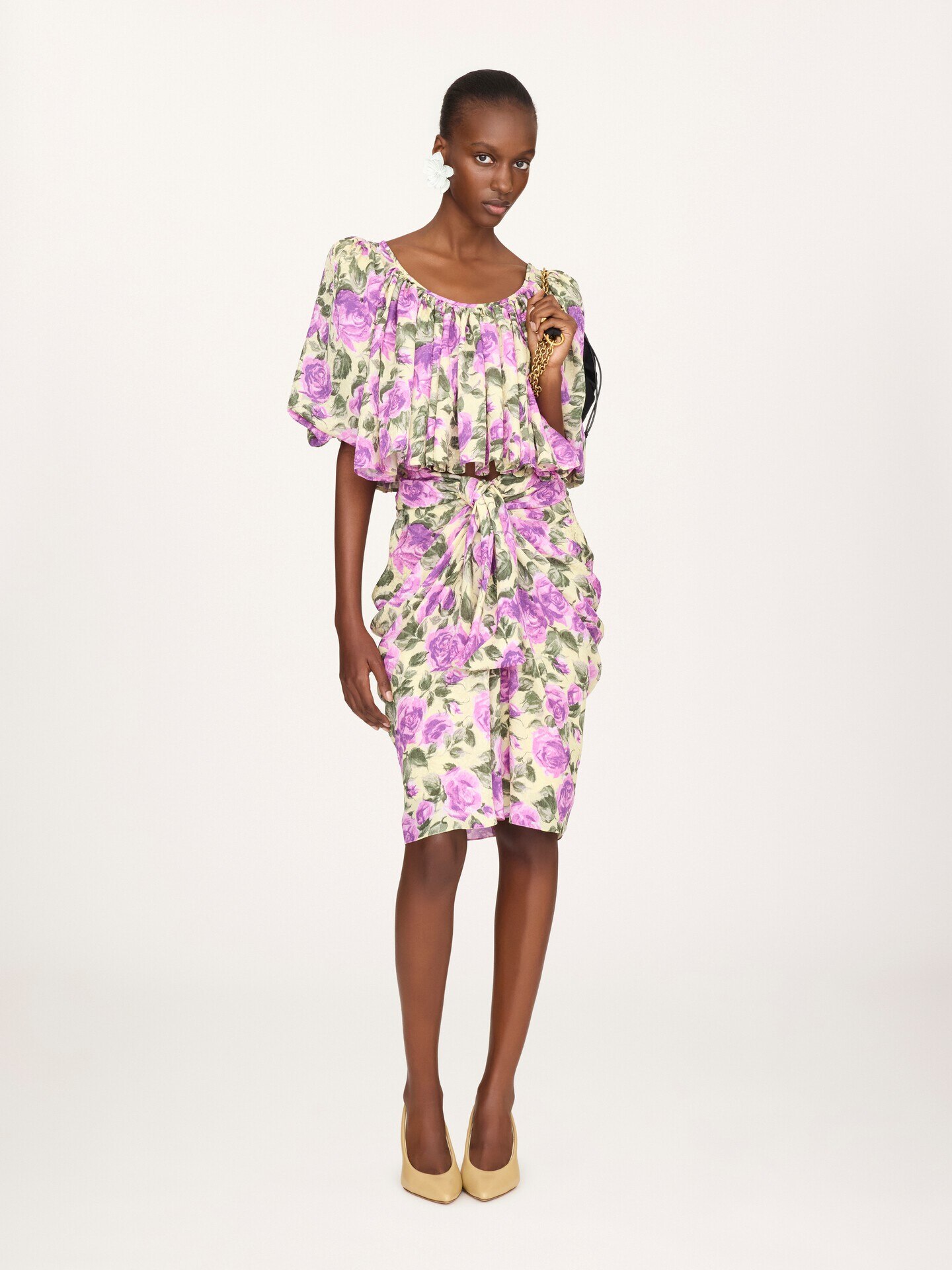 Cropped puff-sleeve top in silk jacquard - 3