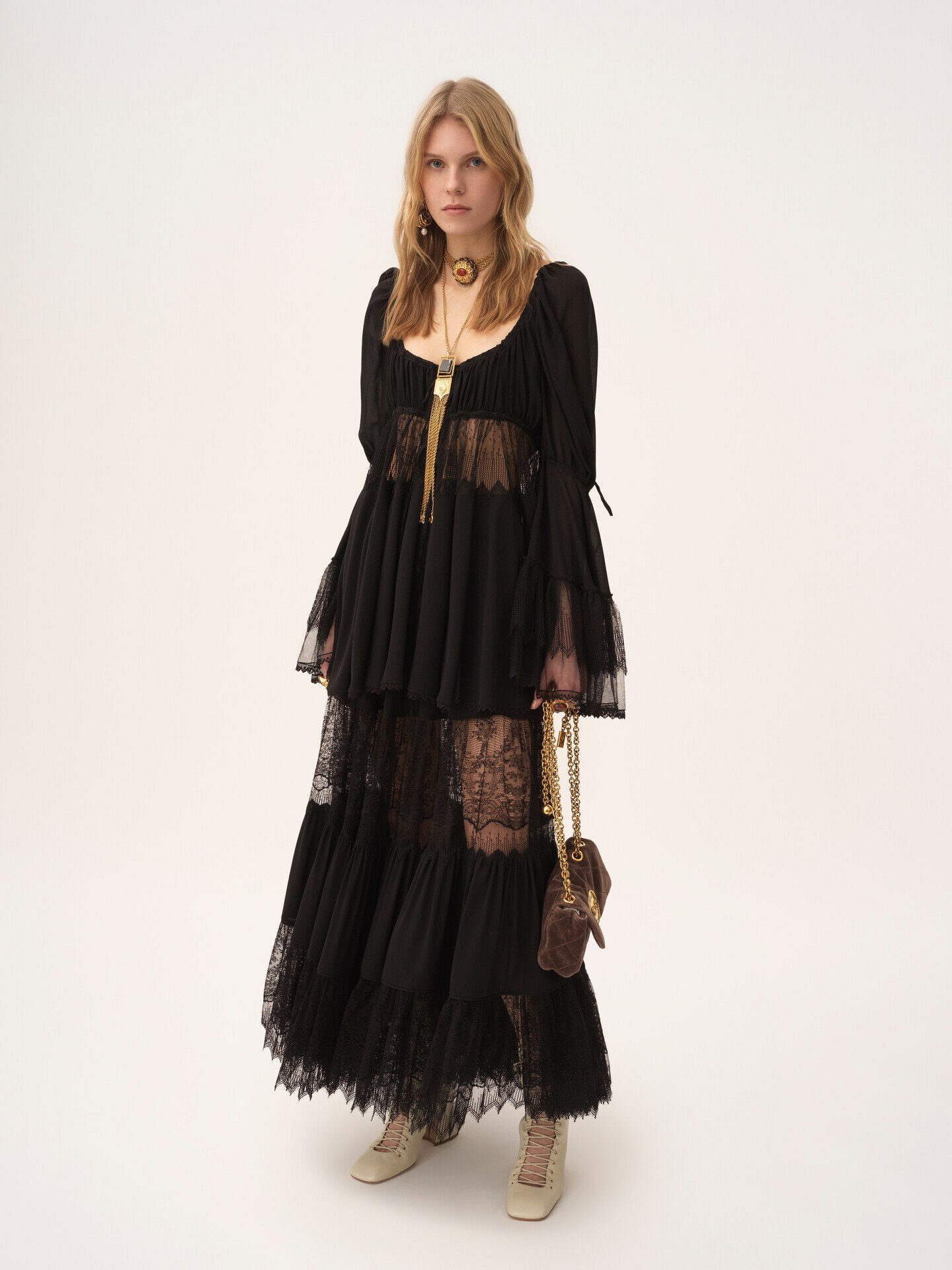 Tiered long skirt in silk georgette & lace - 6