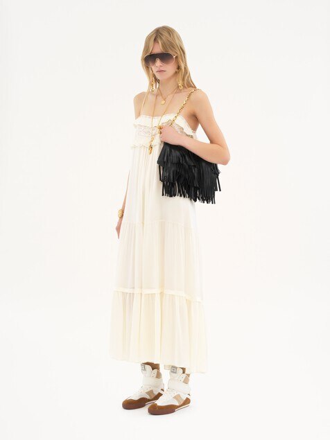 Sleeveless long dress in silk charmeuse