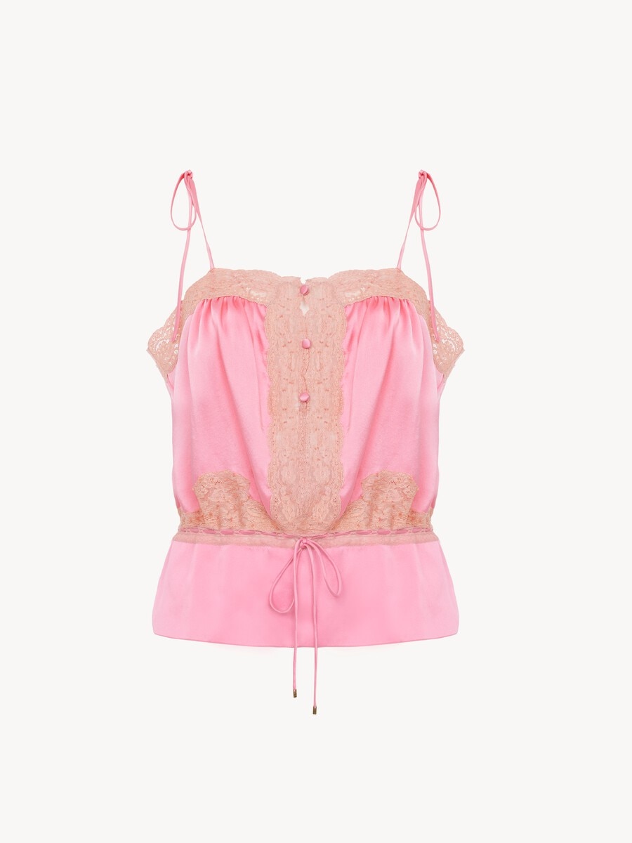Drawstring camisole top in washed silk satin & lace - 2