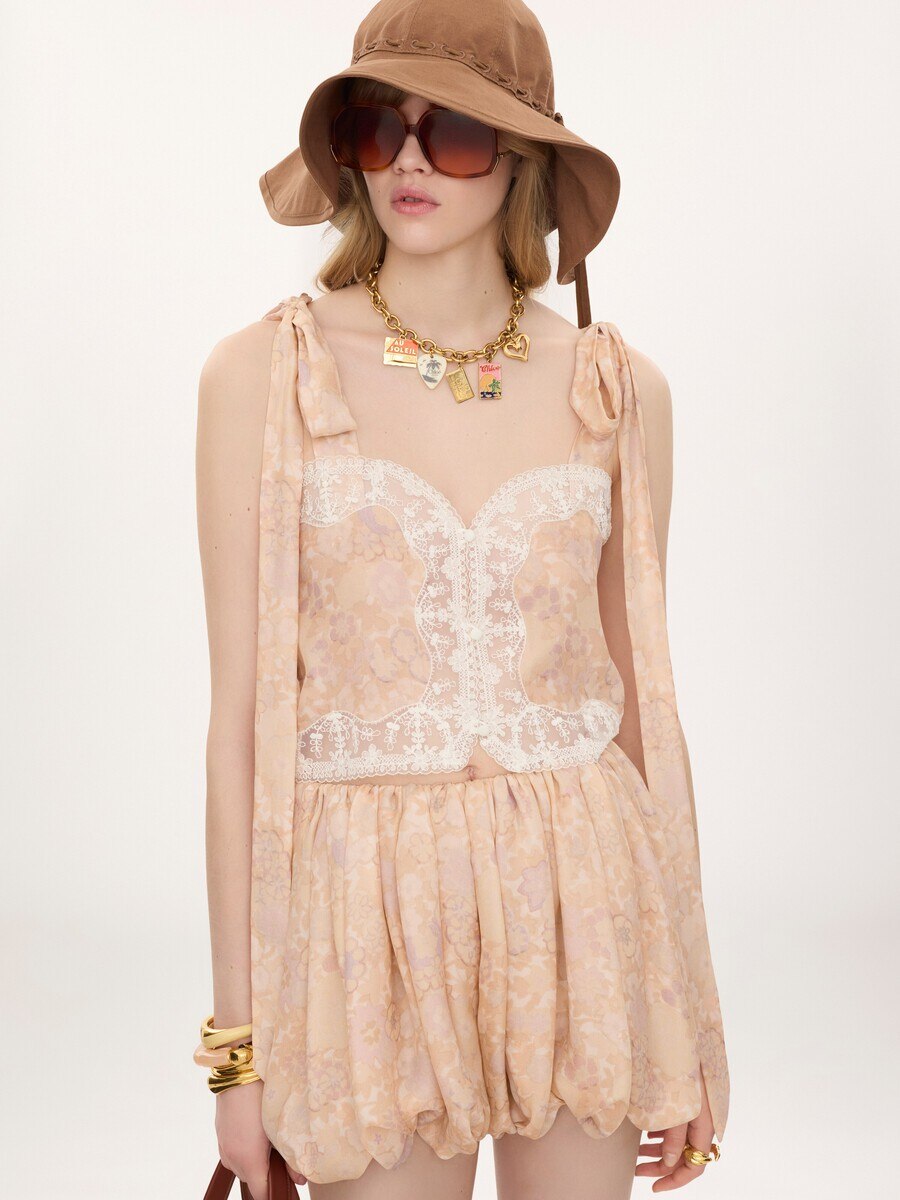 Knotted-strap cropped top in silk charmeuse & lace - 5