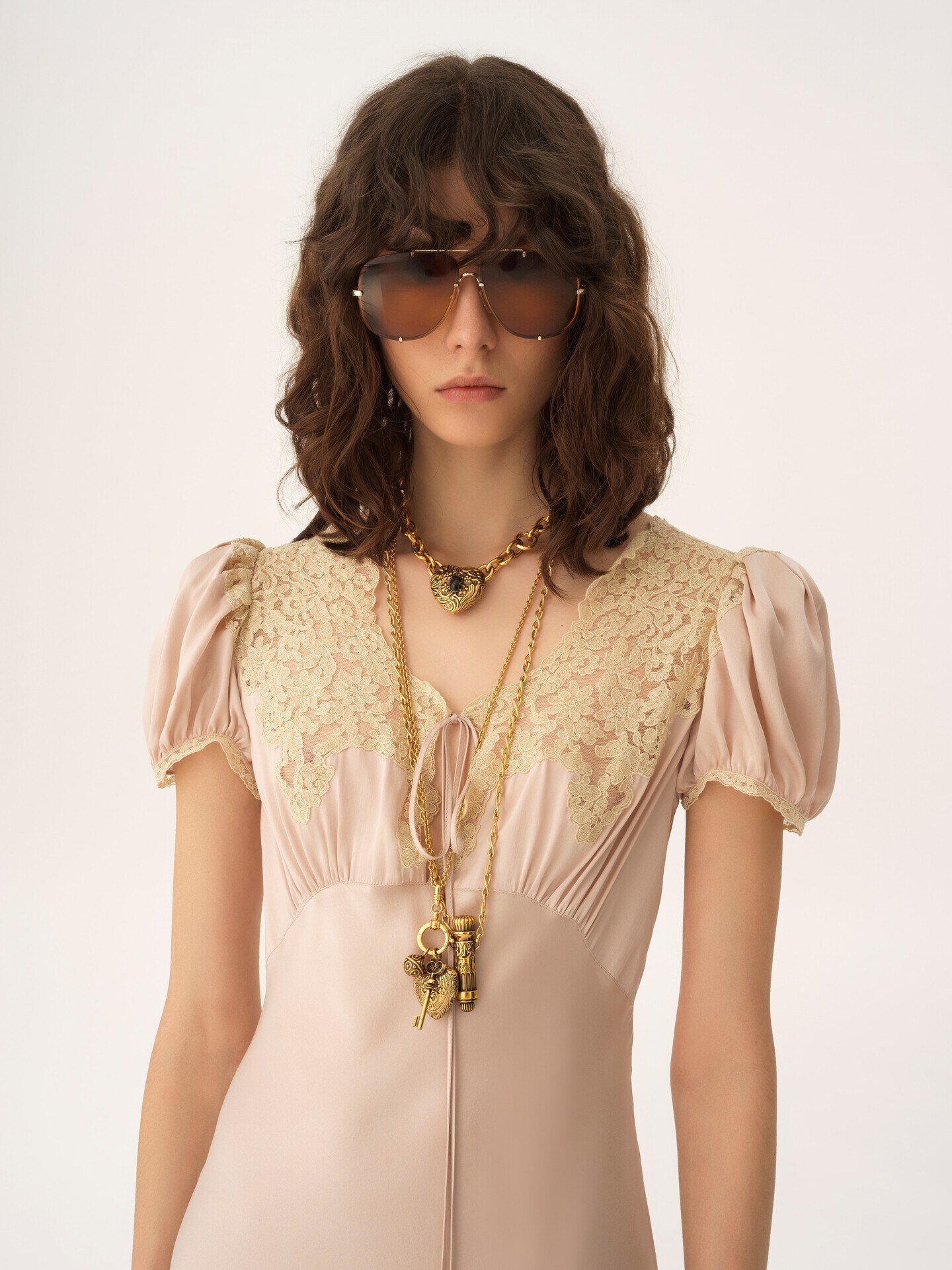 Puff-sleeve column dress in washed silk satin & lace - 6