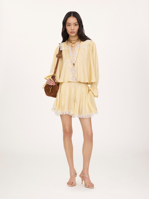 Fluid shorts in washed silk satin & lace