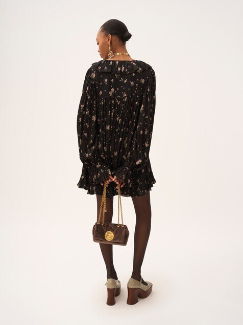 Gathered long-sleeve mini dress in silk charmeuse