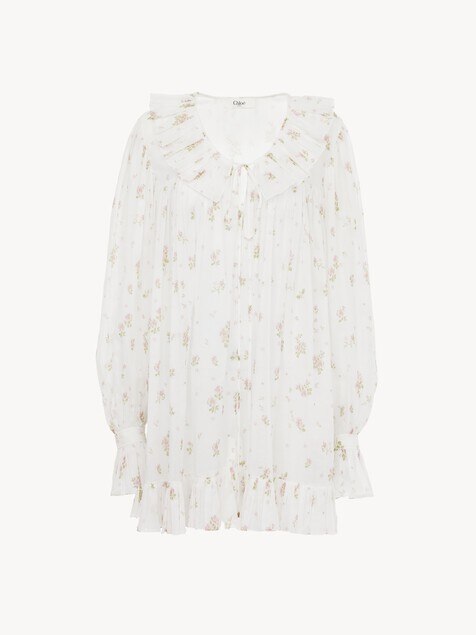 Gathered long-sleeve mini dress in cotton voile