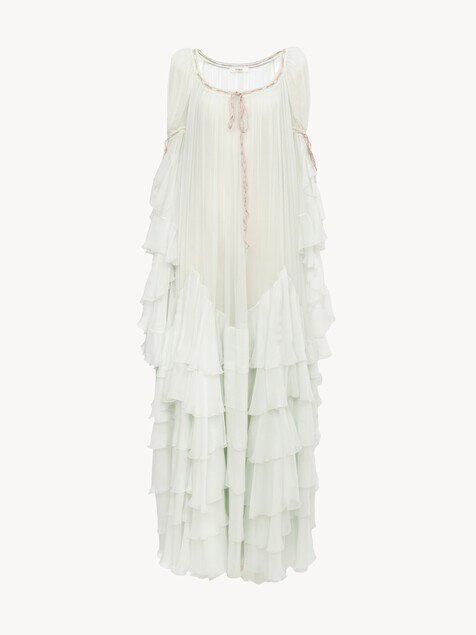 Oversized long ruffled dress in silk mousseline