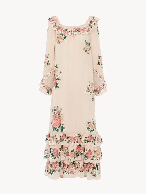 Square-neck ruffled long dress in crêpe de chine