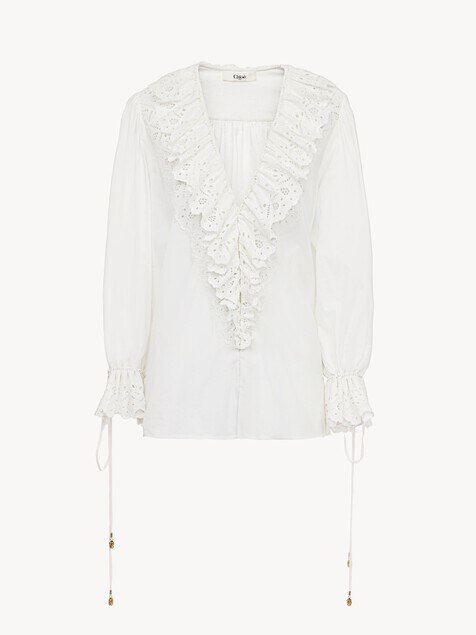 Puff-sleeve V-neck top in cotton voile