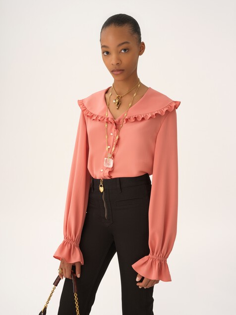 Fluid ruffled blouse in cr&ecirc;pe de chine