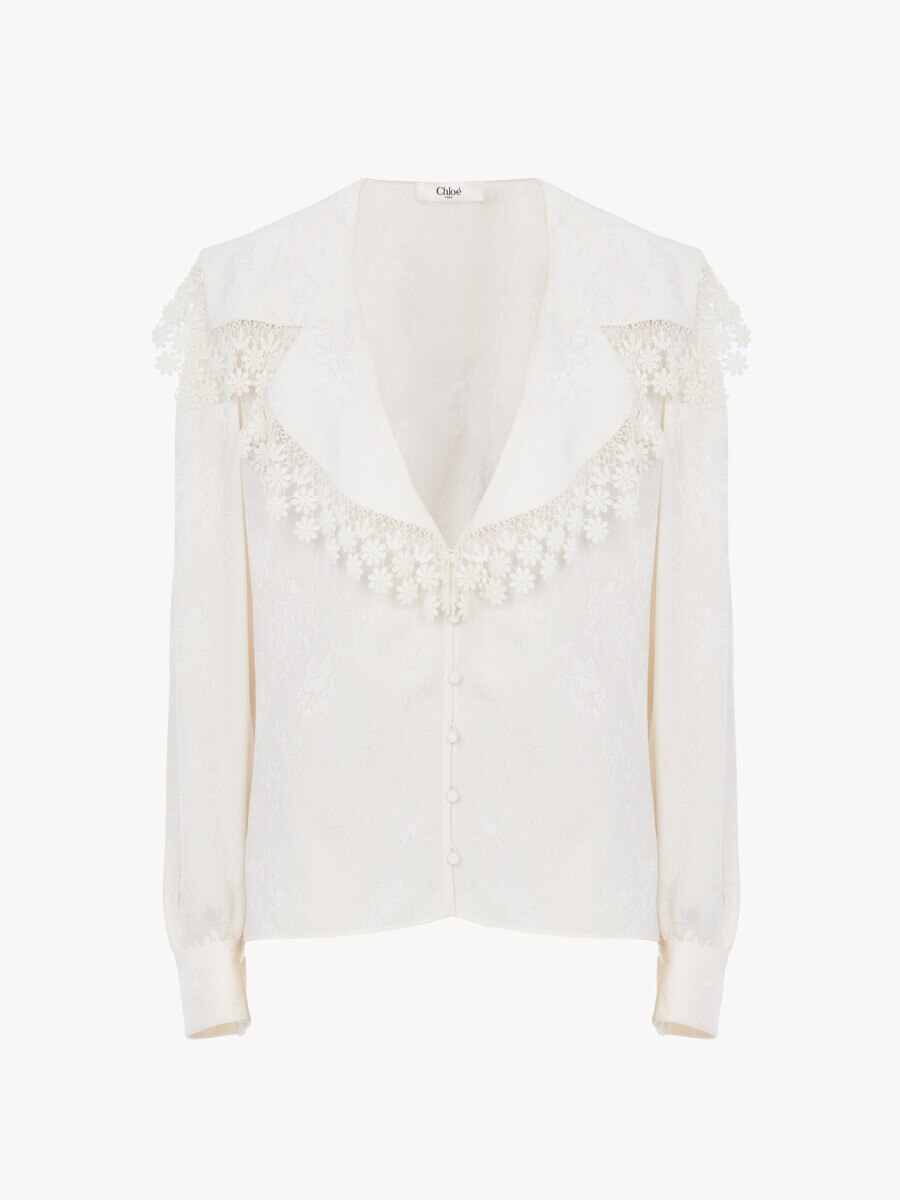 Maxi-collar blouse in silk jacquard & lace - 2
