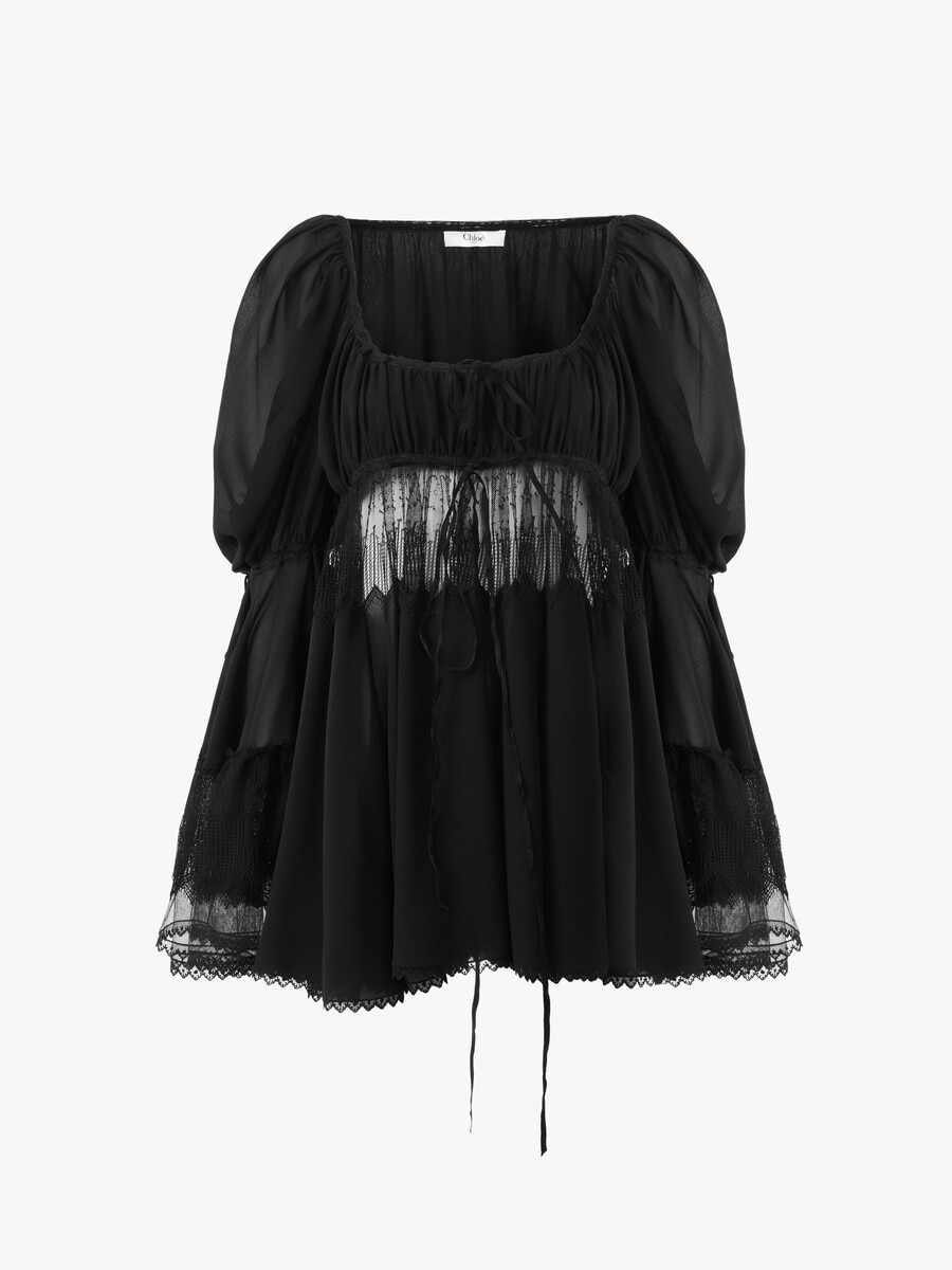 Scoop-neck puff-sleeve top in silk georgette & lace - 1