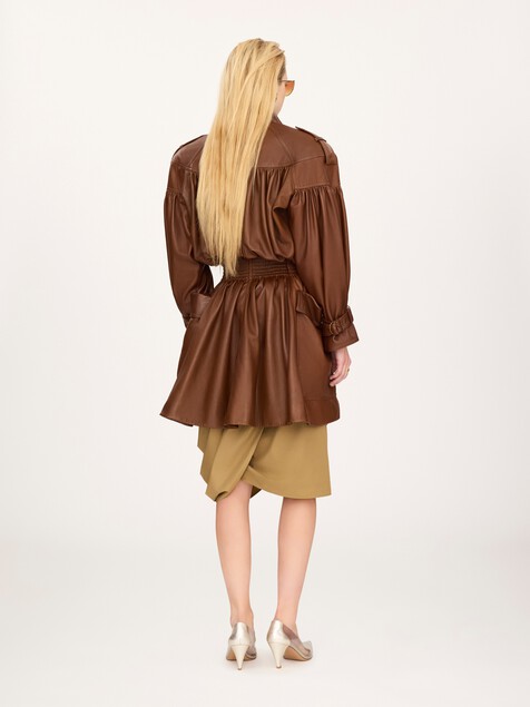 High-neck puff-sleeve leather coat