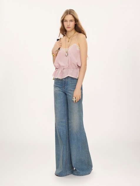 Camisola con cord&oacute;n de crep&eacute; de seda china con encaje