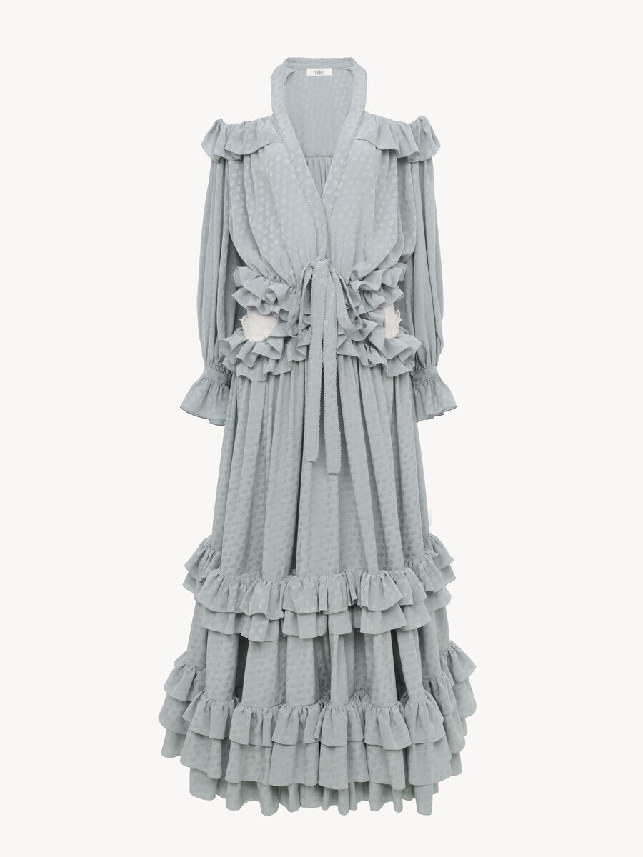 Cut-out long ruffled dress in silk jacquard - 2