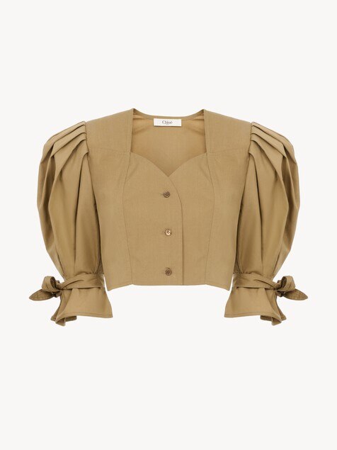 Puff-sleeve cropped top in cotton poplin