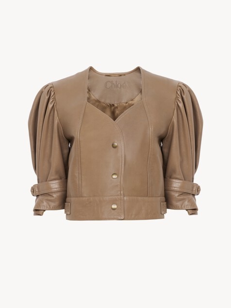 Cropped puff-sleeve leather jacket