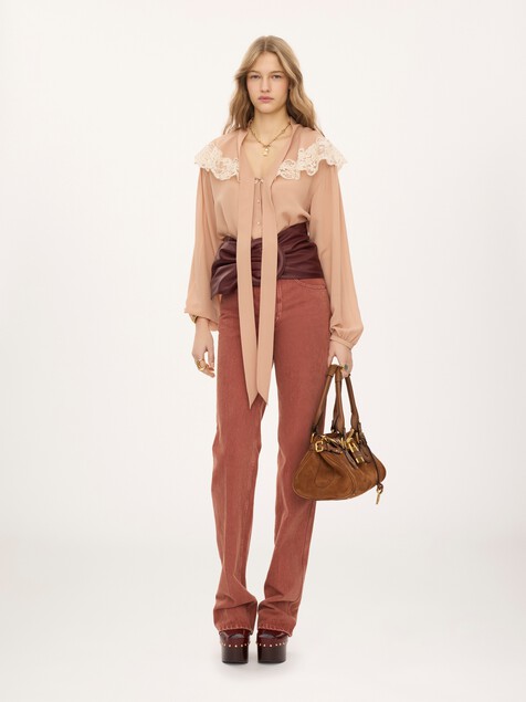 Tie-front gathered blouse in silk georgette & lace