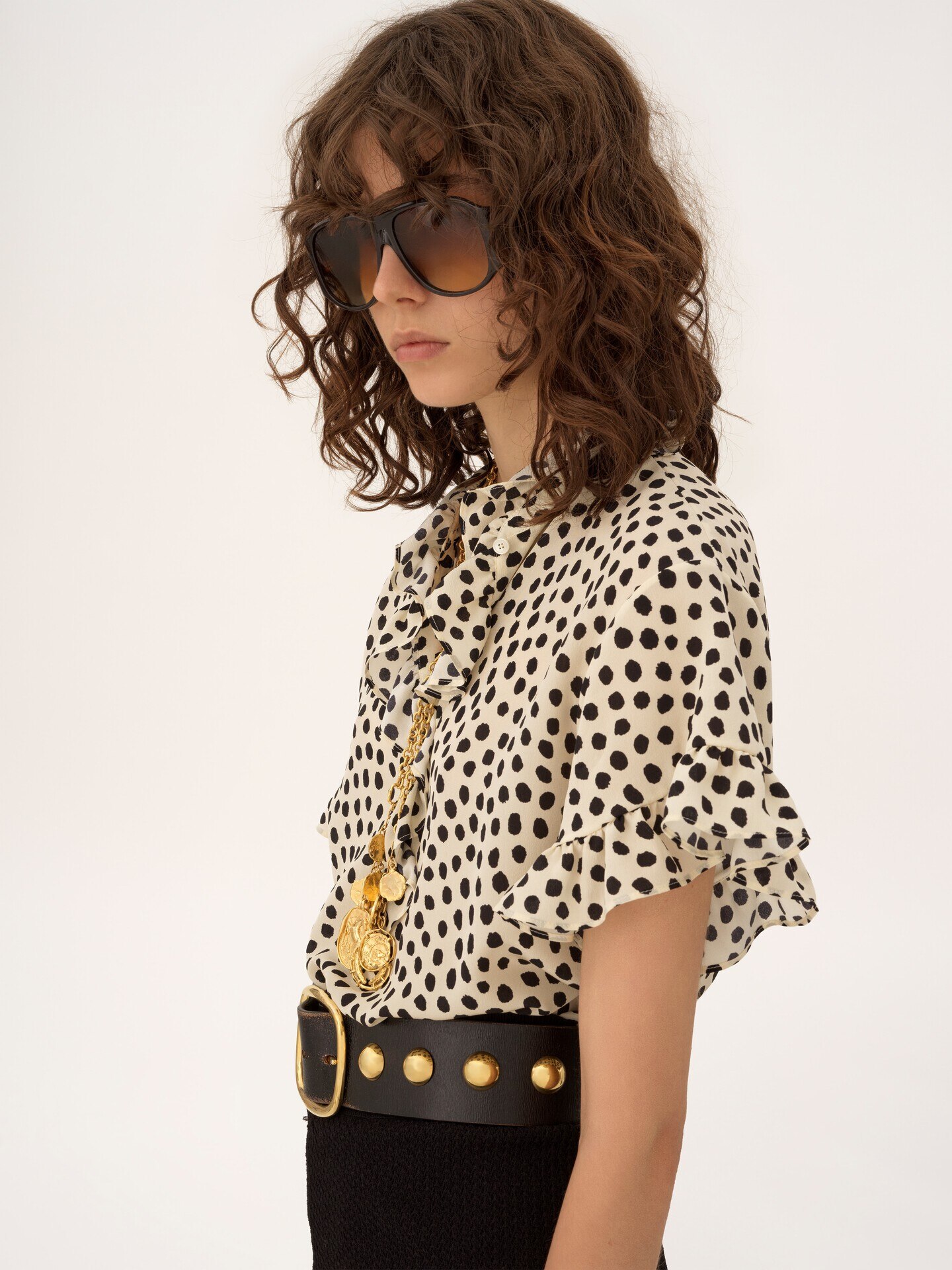 Short-sleeve ruffled top in cr&ecirc;pe de chine - 6