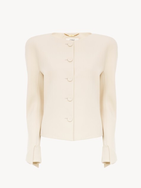 Collarless fitted jacket in wool grain de poudre