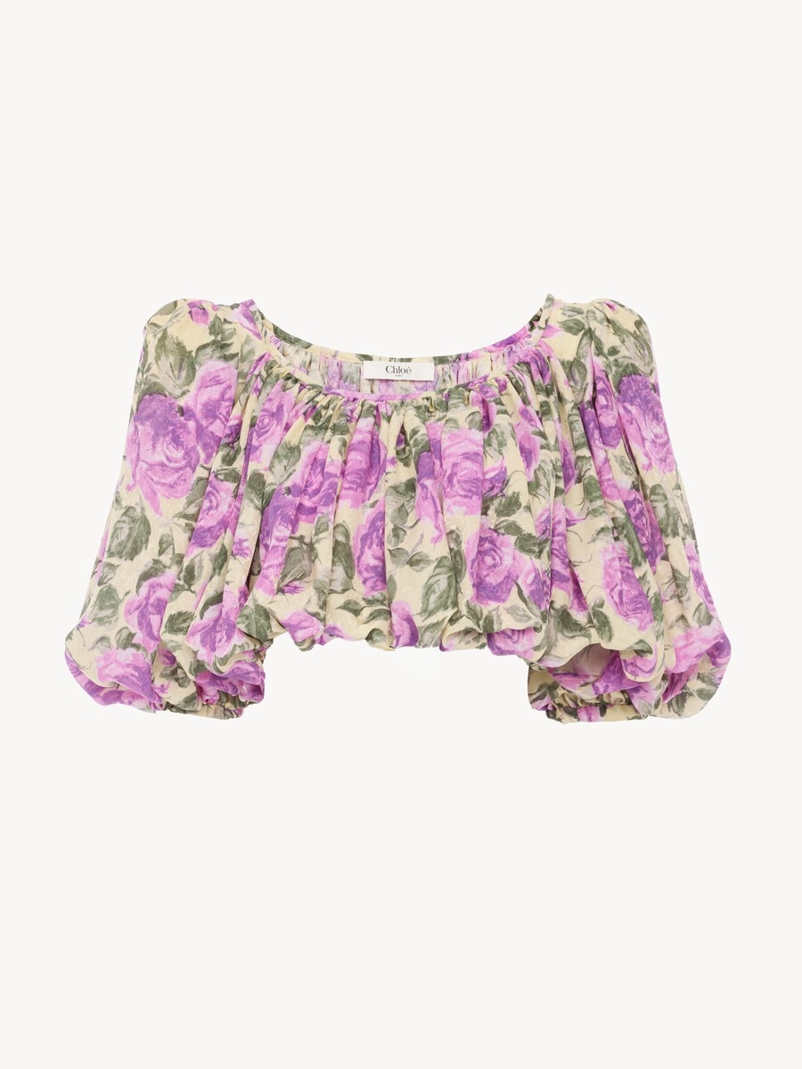 Puff-sleeve cropped top in silk jacquard - 1