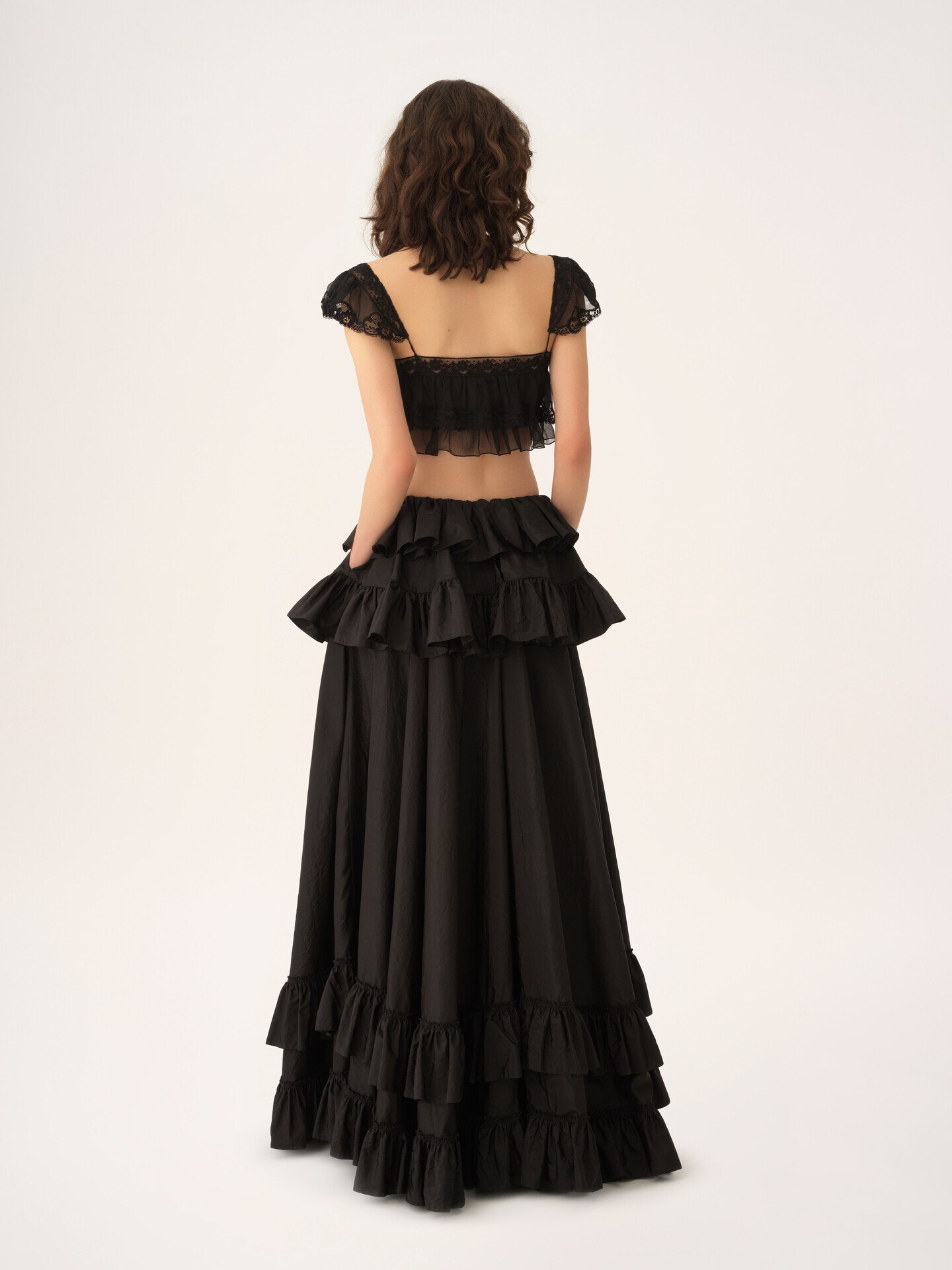 Ruffled bralette in silk mousseline & lace - 8