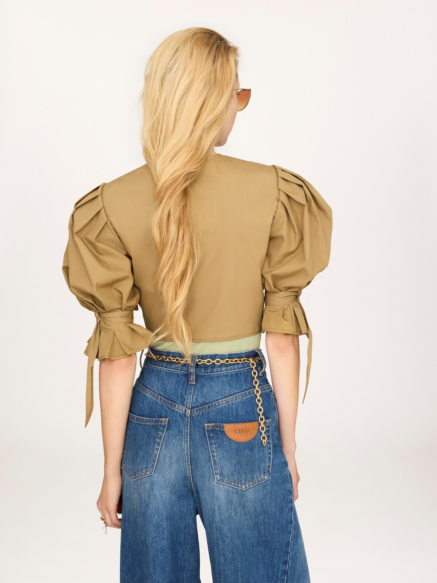 Top cropped con mangas abullonadas de popelina de algod&oacute;n - 7