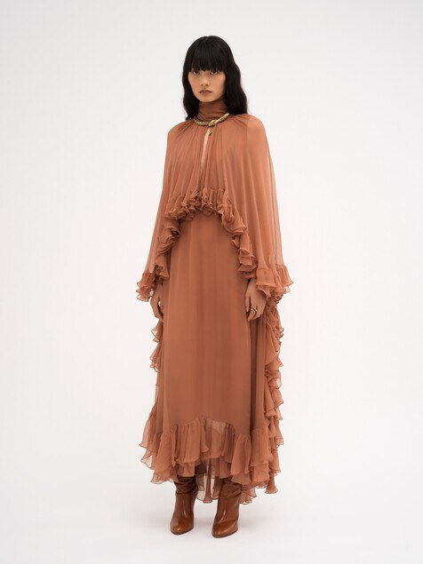 Mock-neck ruffle dress in silk mousseline