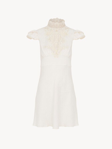 High-neck mini dress in jacquard silk & lace