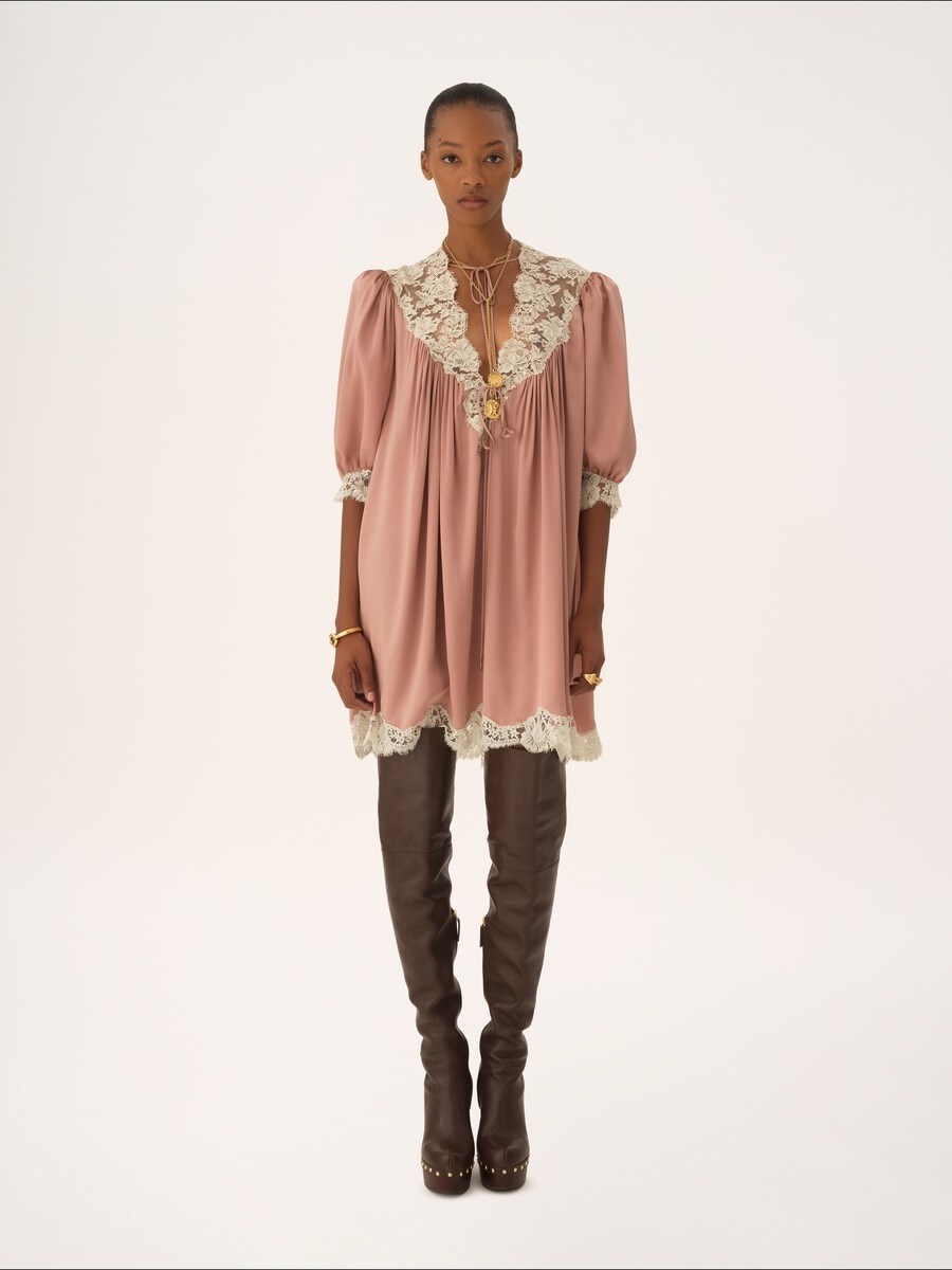 Gathered V-neck mini dress in washed silk satin & lace - 3