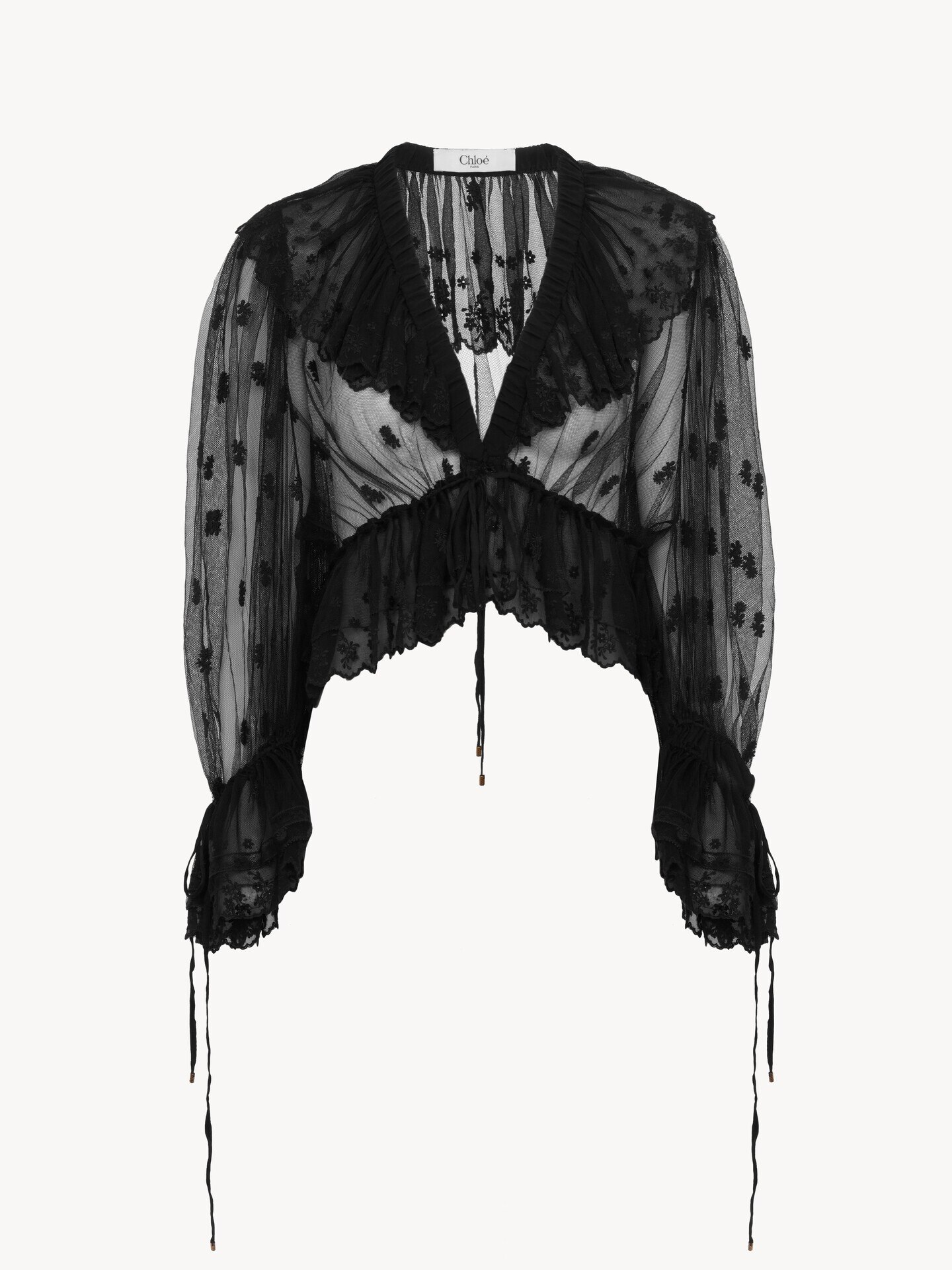 V-neck ruffle top in embroidered lace - 1